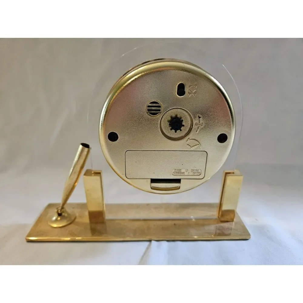 Vintage 1980s Seth Thomas Quartz Brass Desk or Mantle Clock With‎ Pen Holder